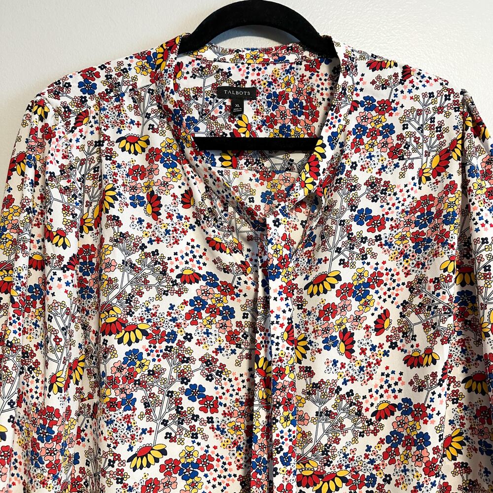 Talbots Meadow Colorful Floral Tie Neck Blouse Top Size XL - Picture 5 of 11